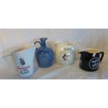 4 WHISKY ADVERTISING WATER JUGS AND DECANTER INCLUDING MACALLAN DEWAR'S ETC.