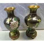 PAIR OF CLOISONNE VASES ON HARDWOOD STANDS,