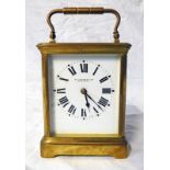 BRASS CARRIAGE CLOCK WITH ENAMEL DIAL & ROMAN NUMERALS BY WILSON & SHARP EDINBURGH