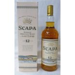 1 BOTTLE SCAPA 12 YEAR OLD SINGLE MALT WHISKY.