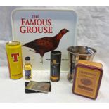 SILVER PLATED FAMOUS GROUSE ADVERTISING ICE BUCKET & TONGS, HIGHLAND PARK MINIATURE,