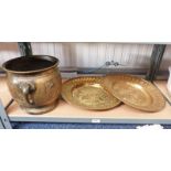 TWO BRASS WALL CHARGERS & CHINESE BRASS POT