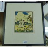 JW HERALD OLD MAN WITH DOG & 2 LADIES MONOGRAMMED FRAMED WATERCOLOUR 18 X 15CM