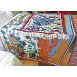 WALL HANGING OF A VILLAGE SCENE AND A SMALL CARPET DECORATED WITH TANKS AK47'S ETC -2-