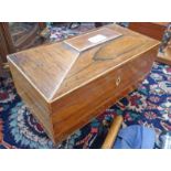 19TH CENTURY ROSEWOOD SARCOPHAGUS SHAPED TEA CADDY ON BUN FEET WITH TWO HINGED INTERNAL SECTIONS &