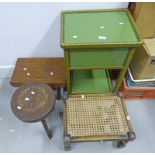 OAK BERGERE FOOT STOOL, PINE STOOL, GREEN SEWING TABLE ETC.