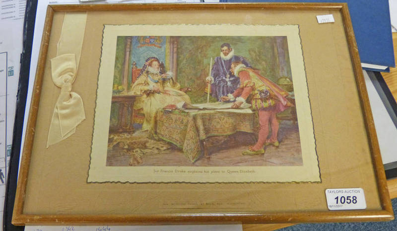 FRAMED PICTURE OF SIR FRANCIS DRAKE WITH HANDWRITTEN INSCRIPTIONS TO REVERSE TO DEAR MANDIE WITH