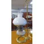 LATE 19TH CENTURY BRASS RISE & FALL PARAFFIN LAMP WITH CUT GLASS BOWL & WHITE GLASS SHADE