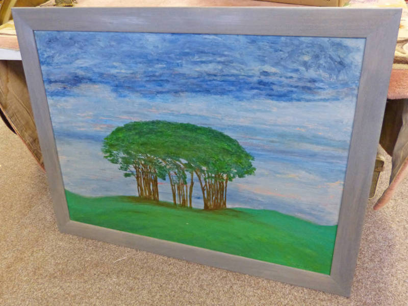 ANGUS STEWART TREES IN A LANDSCAPE SIGNED FRAMED OIL PAINTING 75 X 100CM