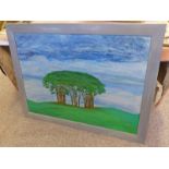 ANGUS STEWART TREES IN A LANDSCAPE SIGNED FRAMED OIL PAINTING 75 X 100CM