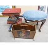 NEWSPAPER RACK WITH PAINTED DECORATION OAK OVAL STOOL AND BOOK TABLE