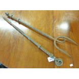 2 STEEL FIRE IRONS WITH RAMS HEAD FINIALS