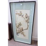 FRAMED ORIENTAL FLOWER AND BIRD FEATHER PICTURE ON SILK - OVERALL 123 X 62CM