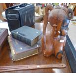 AFRICAN HARDWOOD BUST, 2 LEATHER BOUND RELIGIOUS BOOKS AND A TAWSE STAMPED JOHN J.