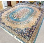 CARPET WITH BLUE AND FAWN DECORATION 364X 431CM Condition Report: faded in large