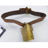 BRASS COW BELL ON LEATHER STRAPS WITH BRASS BUCKLE