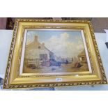 GILT FRAMED OIL PAINTING EAST COAST FISHING VILLAGE SCENE UNSIGNED 33X43 CM