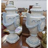PAIR OF PAINTED URNS 59CMS HIGH