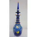 LARGE PALE BLUE GLASS DECANTER & STOPPER WITH FLORAL ENAMELLED DECORATION - 51 CM TALL