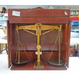 SET OF EARLY 20TH CENTURY MAHOGANY CASED BRASS TRAVEL SCALES BY BOROUGH OF GRANTHAM WITH EMBOSSED