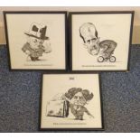 3 FRAMED COMEDY POLITICAL PRINTS SIGNED IN PENCIL JOE CUMMING MARCH 85 (3)