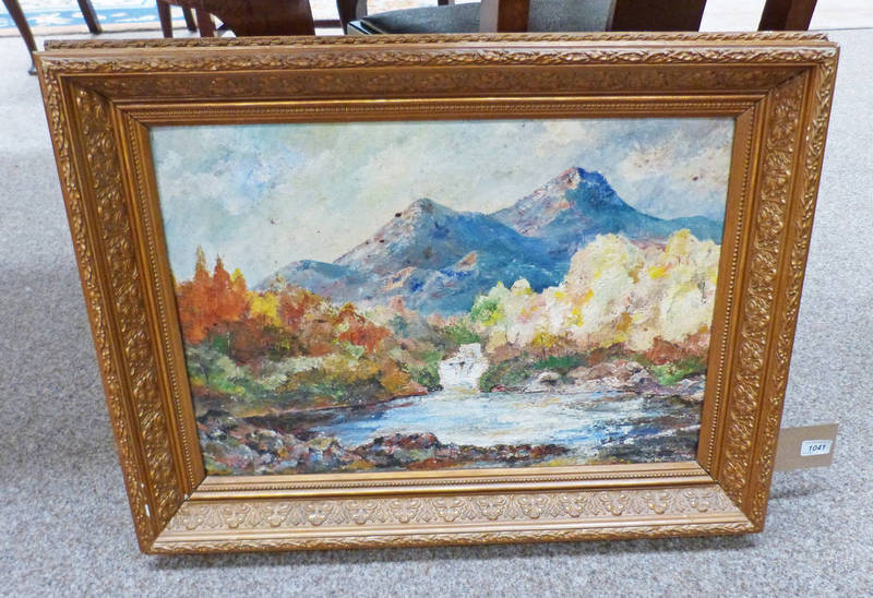 GILT FRAMED OIL ON BOARD HIGHLAND RIVER SCENE - 39 X 58CM