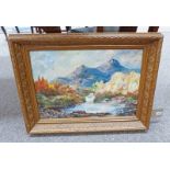 GILT FRAMED OIL ON BOARD HIGHLAND RIVER SCENE - 39 X 58CM