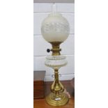 EARLY 20TH CENTURY BRASS & CUT GLASS PARAFFIN LAMP WITH ETCHED GLASS SHADE
