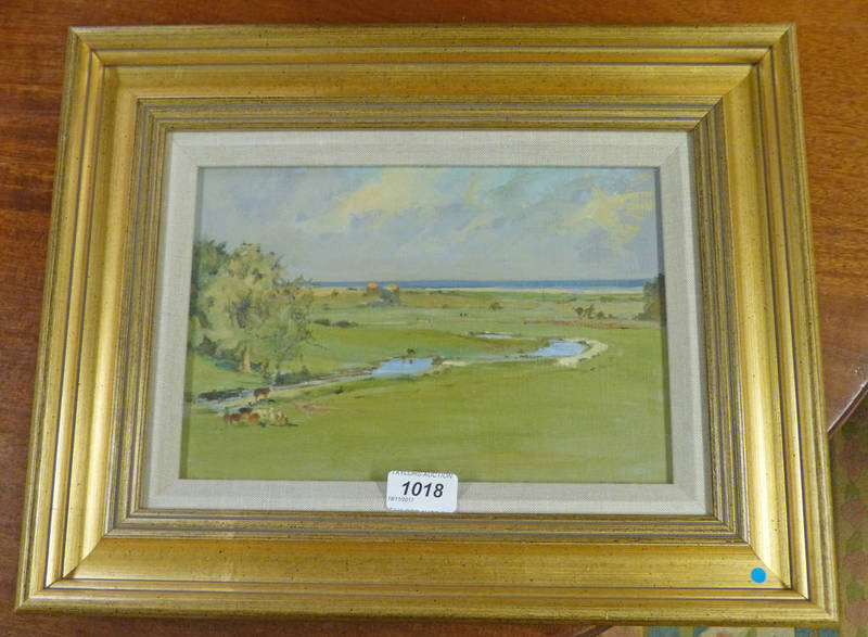 GILT FRAMED OIL PAINTING RURAL SCENE WITH COWS WITH OLD LABEL TO REVERSE LECHEHT B 18 X 27CM