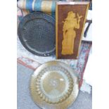 2 EASTERN COPPER AND BRASS CIRCULAR DISHES AND A RECTANGULAR ARTS AND CRAFTS POKERWORK PLAQUE -3-