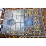 PAIR OF LEADED GLASS PANELS WITH COLOURED GLASS DECORATION TO CENTRE -2- 59 X 49CM