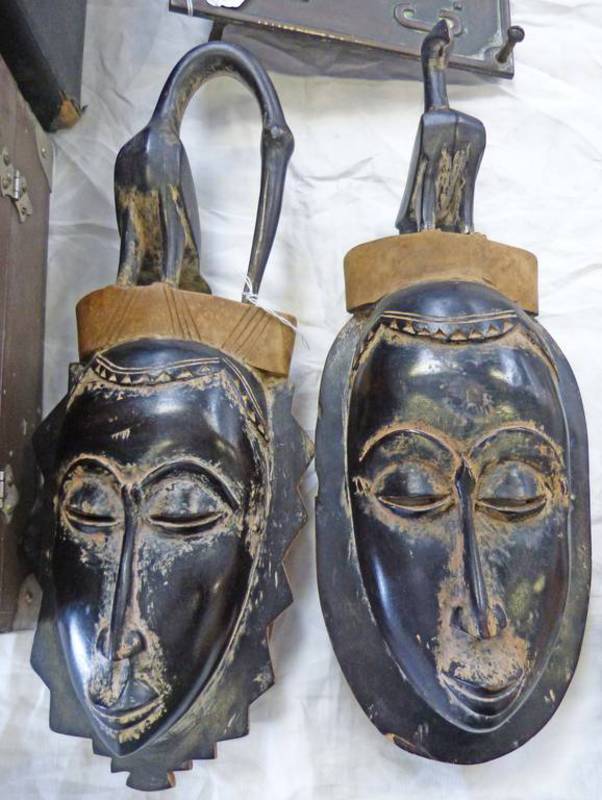 WEST AFRICAN MALE AND FEMALE MASKS, EACH MOUNTED WITH BIRD 46CM, 45.