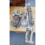 WEST AFRICAN MASK WITH PAINTED DECORATION WITH AFRICAN CARVED SPOON WITH METAL BAND ROUND NECK AND