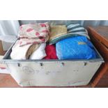 WHITE METAL CRATE WITH CUSHIONS AND CURTAINS ETC