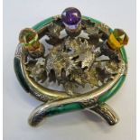 SCOTTISH BROOCH WITH THREE THISTLES THE TOPS SET WITH TWO CITRINES & AMETHYST.