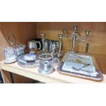 SILVER PLATED SERVING DISH, SILVER PLATED CANDELABRA & CANDLESTICKS,