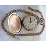 GOLD PLATED HUNTER POCKET WATCH & ALBERT Condition Report: No glass no seconds hand.