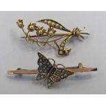 19TH CENTURY BUTTERFLY BROOCH SET WITH SEED PEARLS & MARKED 15,