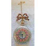 FOB WATCH WITH ENAMELLED CHAPTER RING THE CASE MARKED 935 ON DECORATION BOW ENAMELLED HANGER