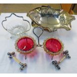 SILVER PLATED BASKET, PAIR OF CRANBERRY GLASS JAM DISHES,