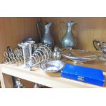 PAIR OF PEWTER JUGS, VARIOUS SILVER PLATED WARE,