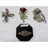 MARCASITE BROOCH MARKED 925 & 3 OTHER MARCASITE BROOCHES