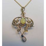 EARLY 20TH CENTURY SEED PEARL & OPAL SET PENDANT MARKED 9CT ON FINE CHAIN