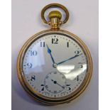 GOLD PLATED OPEN FACED POCKET WATCH Condition Report: Currently running but no