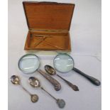 SILVER BOX, 2 SILVER HANDLED MAGNIFYING GLASSES,