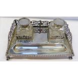 LATE VICTORIAN RECTANGULAR INK STAND WITH 2 INK WELLS WITH SILVER TOPS,