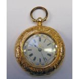 OPEN FACED FOB WATCH WITH DECORATIVE DIAL THE CASE MARKED 18CT