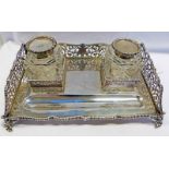 SILVER RECTANGULAR INKSTAND WITH 2 SILVER TOPPED GLASS INKWELLS LONDON 1893
