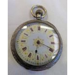 FOB WATCH WITH CASE MARKED 935 AND DECORATIVE ENAMELLED DIAL Condition Report: