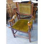 MAHOGANY FRAMED OPEN ARMCHAIR WITH GREEN UPHOLSTERY